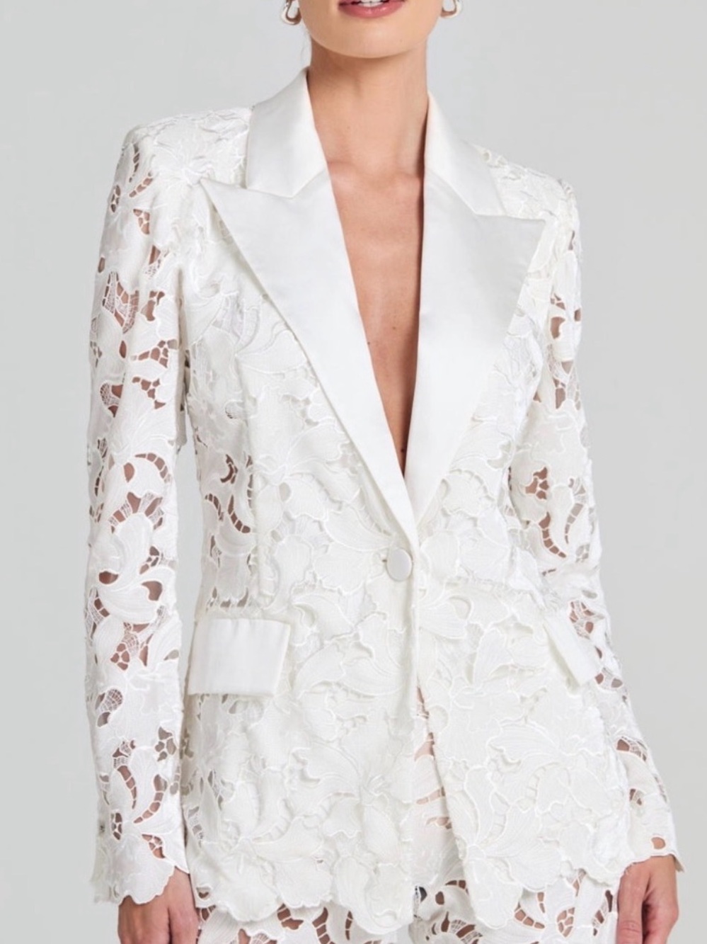 BRAND NEW NADINE MERABI White Lace Blazer with Satin Peak Lapel